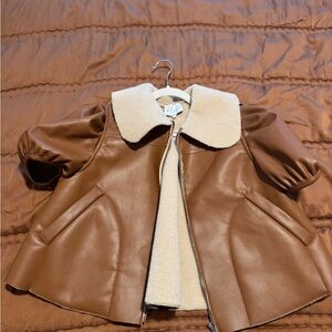 MABLE Brown Leather Jacket with Cream Collar